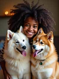 woman in a Dog Cafe with many cute Samoyed and Golden Retriever dogs