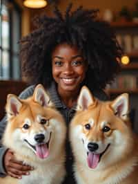 woman in a Dog Cafe with many cute Samoyed and Golden Retriever dogs