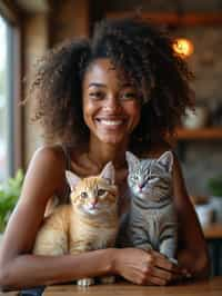 woman in a Cat Cafe with many cute Cats and Kittens around them