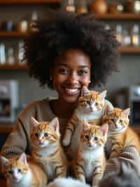 woman in a Cat Cafe with many cute Cats and Kittens around them