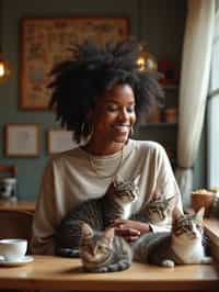 woman in a Cat Cafe with many cute Cats and Kittens around them