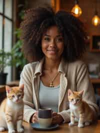 woman in a Cat Cafe with many cute Cats and Kittens around them