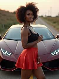 woman  wearing mini skirt posing in front of a sports car