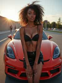 woman  wearing mini skirt posing in front of a sports car