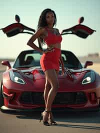 woman  wearing mini skirt posing in front of a sports car