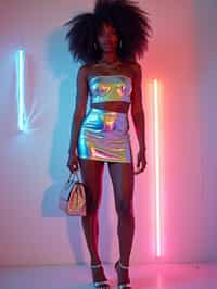 woman in holographic style, wearing  holographic shiny mini skirt, holographic shiny crop top, holographic shiny purse, holographic heels, holographic hair