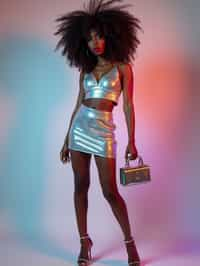 woman in holographic style, wearing  holographic shiny mini skirt, holographic shiny crop top, holographic shiny purse, holographic heels, holographic hair