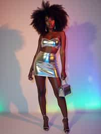 woman in holographic style, wearing  holographic shiny mini skirt, holographic shiny crop top, holographic shiny purse, holographic heels, holographic hair