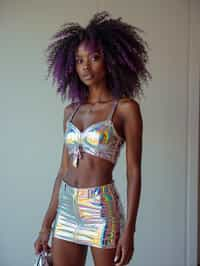 woman in holographic style, wearing  holographic shiny mini skirt, holographic shiny crop top, holographic shiny purse, holographic heels, holographic hair