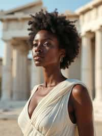 woman as Ancient Greek philosopher in 500 B.C., Ancient Roman white clean new temple in background