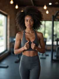 woman in  dark gray yoga pants and sports top in the fitness gym working out