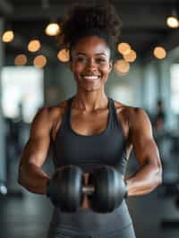 woman in  dark gray yoga pants and sports top in the fitness gym working out