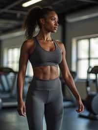 woman in  dark gray yoga pants and sports top in the fitness gym working out