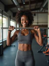 woman in  dark gray yoga pants and sports top in the fitness gym working out