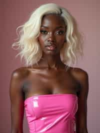 woman as with platinum blonde hair and pink latex skirt