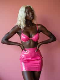 woman as with platinum blonde hair and pink latex skirt