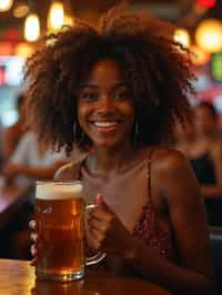 woman in a busy bar drinking beer. holding an intact pint glass mug of beer