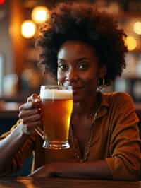 woman in a busy bar drinking beer. holding an intact pint glass mug of beer