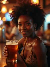 woman in a busy bar drinking beer. holding an intact pint glass mug of beer