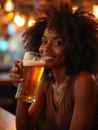 woman in a busy bar drinking beer. holding an intact pint glass mug of beer