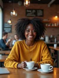  woman in hipster coffee place with coffee cup on table