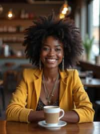  woman in hipster coffee place with coffee cup on table