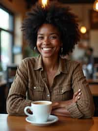  woman in hipster coffee place with coffee cup on table