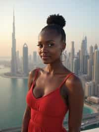 woman standing in front of city skyline viewpoint in Dubai with city skyline in background