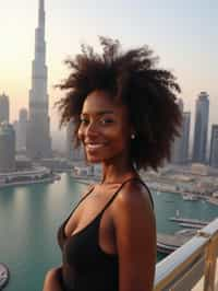 woman standing in front of city skyline viewpoint in Dubai with city skyline in background