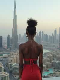 woman standing in front of city skyline viewpoint in Dubai with city skyline in background