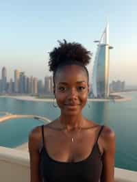 woman standing in front of city skyline viewpoint in Dubai with city skyline in background