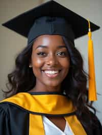 happy  woman in Graduation Ceremony wearing a square black Graduation Cap with yellow tassel at college