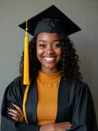 happy  woman in Graduation Ceremony wearing a square black Graduation Cap with yellow tassel at college