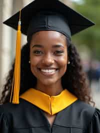 happy  woman in Graduation Ceremony wearing a square black Graduation Cap with yellow tassel at college