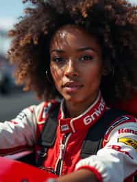 Ultra realistic photograph of woman as Formula 1 race driver