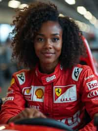 Ultra realistic photograph of woman as Formula 1 race driver