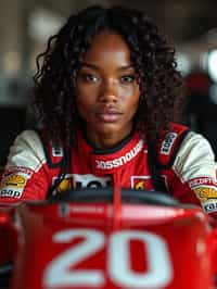 Ultra realistic photograph of woman as Formula 1 race driver