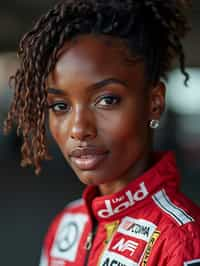 Ultra realistic photograph of woman as Formula 1 race driver