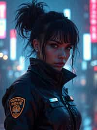 woman as futuristic beautiful cyberpunk police officer, in heavy rainning futuristic tokyo rooftop cyberpunk night, ssci-fi, fantasy, intricate, very very beautiful, elegant, neon light, highly detailed, digital painting, artstation, concept art, soft light, hdri, smooth, sharp focus, illustration, art by tian zi and craig mullins and wlop and alphonse mucha