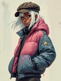 full body of a street punk woman student, blue eyes, bubble jacket, hat, white hair by atey ghailan, by greg rutkowski, by greg tocchini, by james gilleard, by joe fenton, by kaethe butcher, gradient pink, black, brown and light blue color scheme, grunge aesthetic