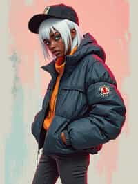 full body of a street punk woman student, blue eyes, bubble jacket, hat, white hair by atey ghailan, by greg rutkowski, by greg tocchini, by james gilleard, by joe fenton, by kaethe butcher, gradient pink, black, brown and light blue color scheme, grunge aesthetic