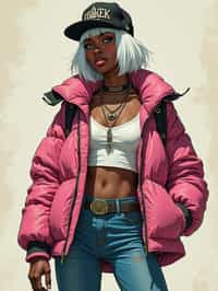 full body of a street punk woman student, blue eyes, bubble jacket, hat, white hair by atey ghailan, by greg rutkowski, by greg tocchini, by james gilleard, by joe fenton, by kaethe butcher, gradient pink, black, brown and light blue color scheme, grunge aesthetic