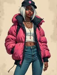 full body of a street punk woman student, blue eyes, bubble jacket, hat, white hair by atey ghailan, by greg rutkowski, by greg tocchini, by james gilleard, by joe fenton, by kaethe butcher, gradient pink, black, brown and light blue color scheme, grunge aesthetic