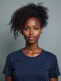 woman as official passport photo for government documents. wearing a dark blue navy t-shirt. photorealistic. light gray background. entire face visible. entire head visible