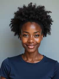 woman as official passport photo for government documents. wearing a dark blue navy t-shirt. photorealistic. light gray background. entire face visible. entire head visible