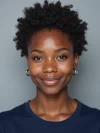 woman as official passport photo for government documents. wearing a dark blue navy t-shirt. photorealistic. light gray background. entire face visible. entire head visible