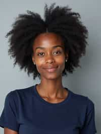 woman as official passport photo for government documents. wearing a dark blue navy t-shirt. photorealistic. light gray background. entire face visible. entire head visible