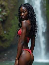 woman in  a bikini under a waterfall, wet hair