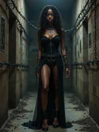 gothic woman, bound by chains and barbed wire in a dungeon, very tight corset, high heels