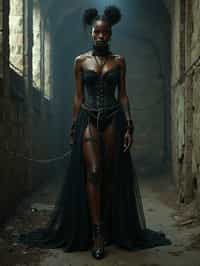 gothic woman, bound by chains and barbed wire in a dungeon, very tight corset, high heels